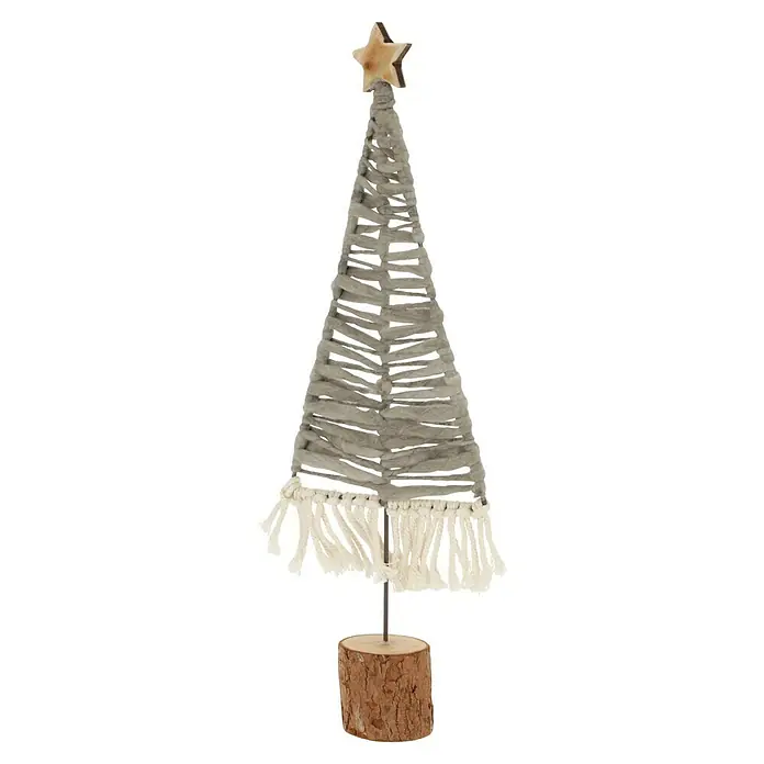 Holz-Weihnachtsbaum - Grau, Jute, Höhe: 44,5 cm - Dekorativer Weihnachtsbaum aus Strick mit einem Holzsternaufsatz und einem runden Holzsockel für festliche Akzente.
