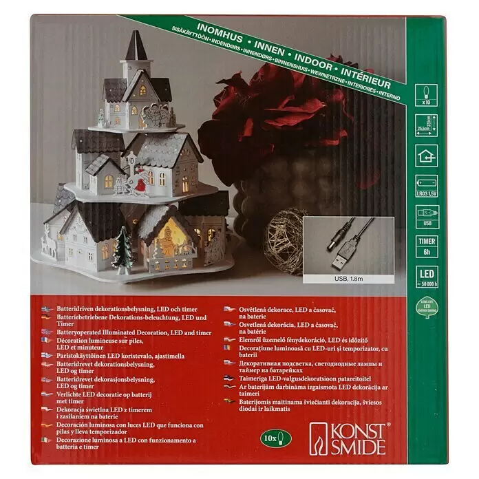 Konstsmide LED-Szenerie Häuser - L x B x H: 25,5 x 23 x 27,5 cm, Weiß, Batteriebetrieben, LED - Batteriebetriebene LED-Weihnachtsdorf-Dekoration mit Häusern und Timer, weiß-braun, USB- oder batteriebetrieben.