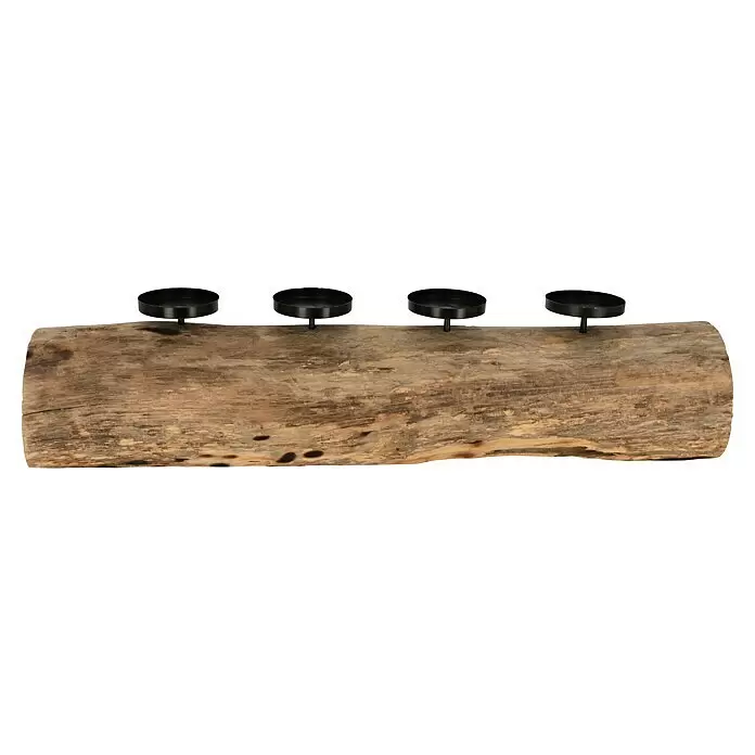 Adventskranz Baumstamm - Braun, Holz - Rustikaler Kerzenhalter aus Holz mit vier schwarzen Metallschalen.