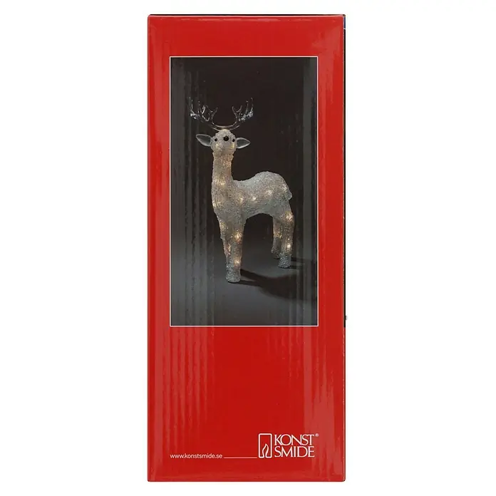 Konstsmide LED-Weihnachtsdekofigur LED Acryl - 19 x 14 x 31,5 cm, Farblos, Batteriebetrieben, LED, Rentier - Nahaufnahme einer Produktverpackung mit einem beleuchteten Kunstschnee-Rentier von Konstsmide, das festliche Stimmung verbreitet.