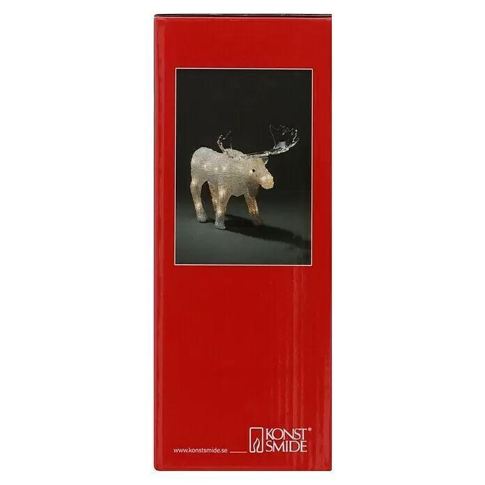 Konstsmide LED-Weihnachtsdekofigur LED Acryl - 32 x 26 x 10 cm, Farblos, Batteriebetrieben, LED, Elch - Rote Verpackung für einen leuchtenden Elch, auf der Vorderseite ist der beleuchtete Elch abgebildet.