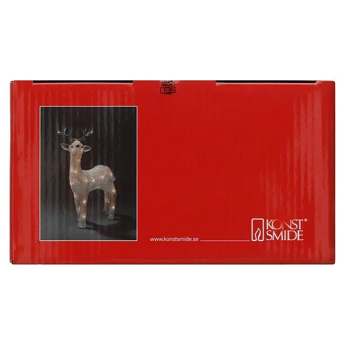 Konstsmide LED-Weihnachtsdekofigur LED Acryl - 19 x 14 x 31,5 cm, Farblos, Batteriebetrieben, LED, Rentier - Die Verpackung einer Konstsmide-Leuchtfigur, die ein stehendes, beleuchtetes Rentier mit Geweih zeigt, ist auf rotem Karton abgebildet.