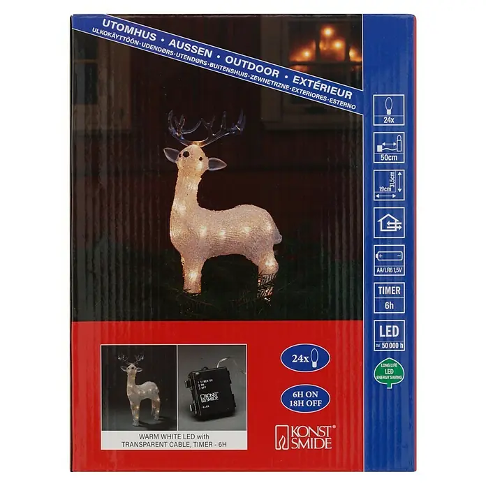 Konstsmide LED-Weihnachtsdekofigur LED Acryl - 19 x 14 x 31,5 cm, Farblos, Batteriebetrieben, LED, Rentier - Verpackung einer LED-Rentierfigur für den Außenbereich mit Timerfunktion und warmweißem Licht.