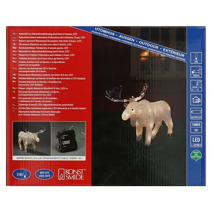 Konstsmide LED-Weihnachtsdekofigur LED Acryl - 32 x 26 x 10 cm, Farblos, Batteriebetrieben, LED, Elch - Warmweiße LED-Elchdekoration mit transparentem Kabel und 6-Stunden-Timer, batteriebetrieben für innen/außen.