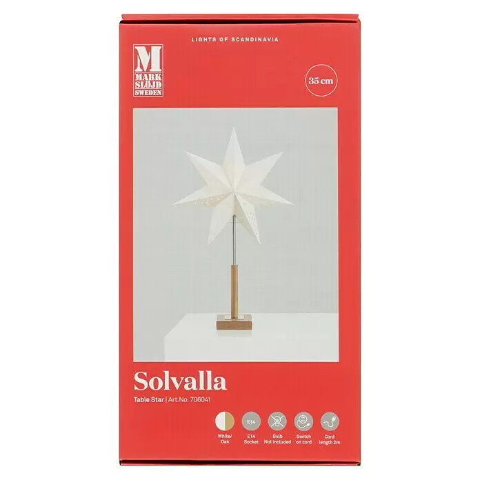 Markslöjd Standstern Solvalla - Ø x H: 35 x 55 cm, OAK, Netzbetrieben - Weißer Papier-Tischstern mit Perforationen auf einem Eichenholz-Ständer. 35 cm hoch, für E14-Glühbirne.
