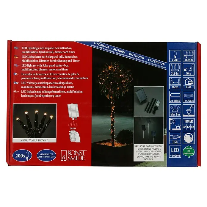 Konstsmide LED-Lichterkette - Außen, Lichtfarbe: Bernstein, Anzahl Leuchtmittel: 200 Stk., Solarbetrieben - LED-Lichterkette mit Solarpanel und Batteriefach für den Außenbereich. Mit Fernbedienung, Dimmer & Timer. Ideal für Garten, Terrasse & Balkon.