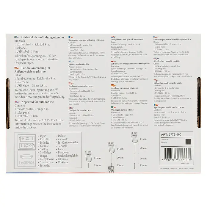 Konstsmide Solar-Batteriebox - 2,5 x 11 x 14 cm - Information on solar panel product packaging, including language translations of package contents and dimensions.