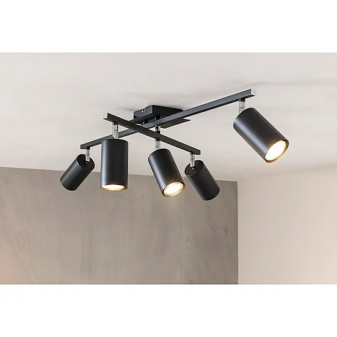 Trio Leuchten Marley Deckenstrahler - 3 W, L x B x H: 57,4 x 77,4 x 22,4 cm, Schwarz, GU10 - Moderne schwarze Deckenleuchte mit fünf zylinderförmigen Strahlern und warmweißem Licht für eine stilvolle Beleuchtung.