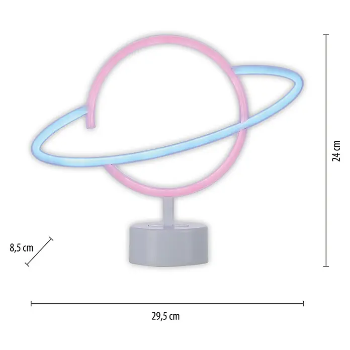 Just Light LED-Dekoleuchte Neon Saturn - Neon Saturn, L x B x H: 8,5 x 29,5 x 24 cm, Netzbetrieben - Abbildung einer stilvollen, zweifarbigen Planeten-Tischleuchte mit den Maßen 24 cm Höhe und 29,5 cm Breite.