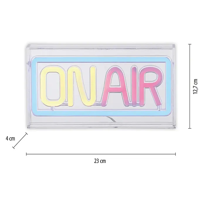 Just Light LED-Dekoleuchte Neon On Air - Neon On Air, L x B x H: 8,5 x 29,5 x 24 cm, Netzbetrieben - Das Bild zeigt ein "On Air"-Schild mit den Maßen 23 cm Länge, 12,7 cm Höhe und 4 cm Tiefe.