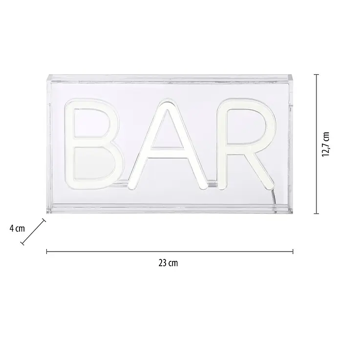Just Light LED-Dekoleuchte Neon Bar - Neon Bar, L x B x H: 8,5 x 29,5 x 24 cm, Netzbetrieben - Nahaufnahme einer Bar-Leuchtreklame in einem klaren Gehäuse mit Maßangaben: 23 cm breit, 12,7 cm hoch und 4 cm tief.