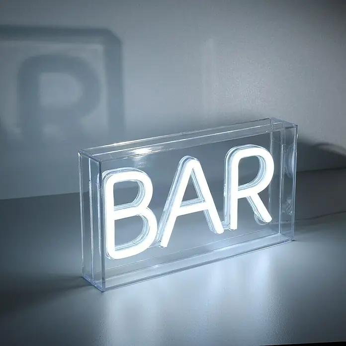 Just Light LED-Dekoleuchte Neon Bar - Neon Bar, L x B x H: 8,5 x 29,5 x 24 cm, Netzbetrieben - Ein helles "BAR"-Schild in einem durchsichtigen Acrylgehäuse. Leuchtet auf einem Tisch und wirft einen Schatten an die Wand.