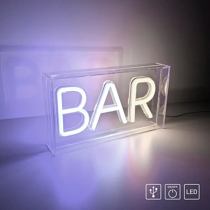 Just Light LED-Dekoleuchte Neon Bar - Neon Bar, L x B x H: 8,5 x 29,5 x 24 cm, Netzbetrieben - Neon-Bar-Schild in einem klaren Acrylgehäuse, das ein helles, einladendes Ambiente für jeden Raum schafft. Perfekt für die Hausbar.