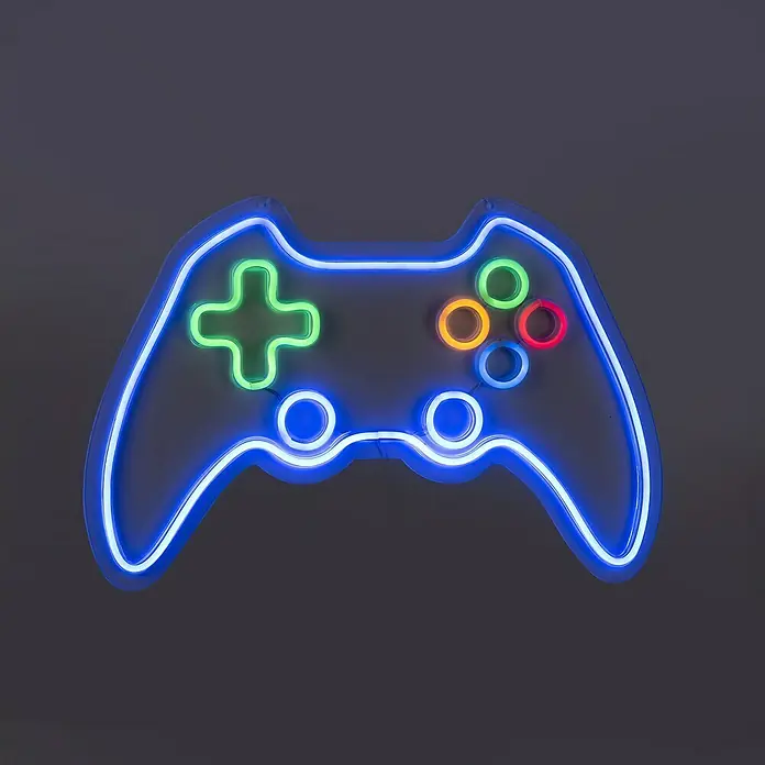 Just Light LED-Dekoleuchte Neon Gamer - Neon Gamer, L x B x H: 8,5 x 29,5 x 24 cm, Netzbetrieben - Neon-Videospiel-Controller-Leuchte mit blauen, grünen, gelben und roten Details auf dunklem Hintergrund.