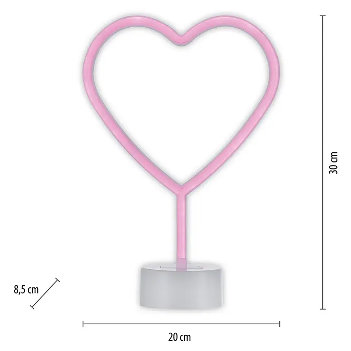 Just Light LED-Dekoleuchte Neon Herz - Neon Herz, L x B x H: 8,5 x 29,5 x 24 cm, Batteriebetrieben - Rosa Herz-Neonlampe mit den Maßen 30 cm Höhe und 20 cm Breite, stehend auf einem Sockel von 8,5 cm Durchmesser.