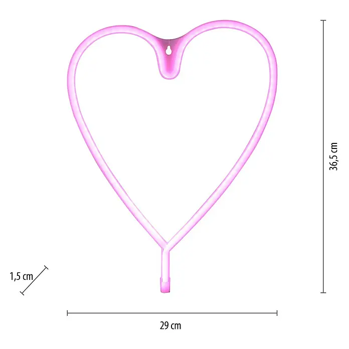 Just Light LED-Dekoleuchte Neon Herz - Neon Herz, L x B x H: 8,5 x 29,5 x 24 cm, Netzbetrieben - Abbildung einer rosafarbenen Herz-Neonleuchte mit den Maßen 36,5 cm Höhe, 29 cm Breite und 1,5 cm Dicke.