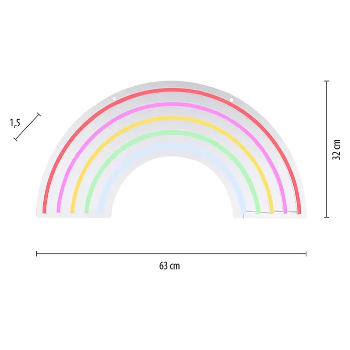 Just Light LED-Dekoleuchte Neon Rainbow - Neon Rainbow, L x B x H: 8,5 x 29,5 x 24 cm, Netzbetrieben - Abbildung einer bunten Regenbogen-Neonlampe mit den Maßen 63 cm Breite und 32 cm Höhe, perfekt zur Dekoration von Kinderzimmern.