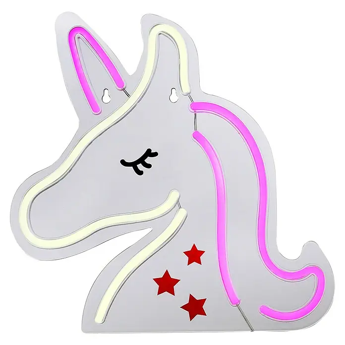 Just Light LED-Dekoleuchte Neon Unicorn - Neon Unicorn, L x B x H: 8,5 x 29,5 x 24 cm, Netzbetrieben - Nahaufnahme eines Einhorn-LED-Neonlichts mit rosa und weißen Akzenten auf schwarzem Hintergrund.