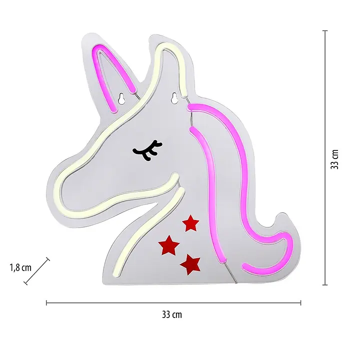 Just Light LED-Dekoleuchte Neon Unicorn - Neon Unicorn, L x B x H: 8,5 x 29,5 x 24 cm, Netzbetrieben - Nahaufnahme einer Einhorn-Neonlampe mit rosa und weißen Akzenten und Maßangaben.