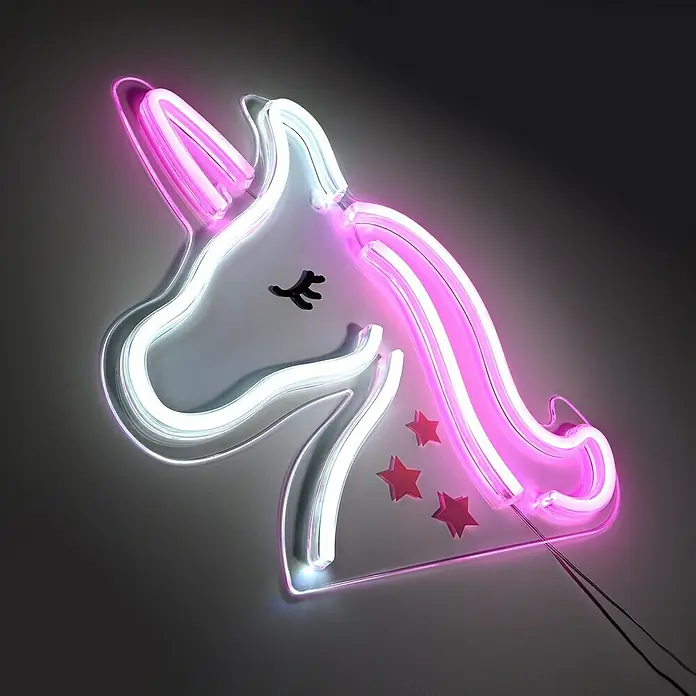 Just Light Lámpara LED decorativa Unicornio - Unicornio neon, Multicolor, L x An x Al: 8,5 x 29,5 x 24 cm, Funcionamiento en red - Luz de neón de unicornio, ideal para habitaciones infantiles. La luz suave crea un ambiente relajante, un gran elemento decorativo.
