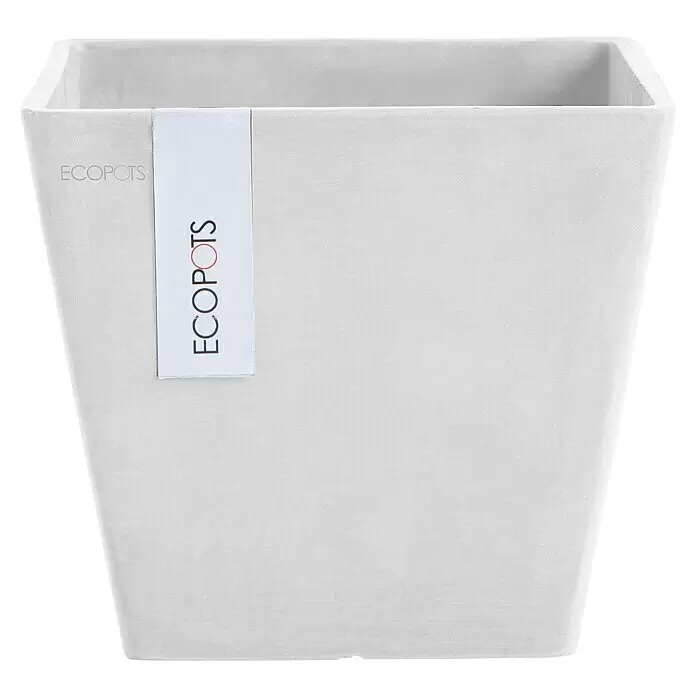 Ecopots Rotterdam Pflanzkasten - Außenmaß (L x B x H): 20,3 x 20,3 x 17,8 cm, Kunststoff, Weiß - Strukturierter hellgrauer quadratischer Pflanztopf mit ECOPOTS-Etikett.