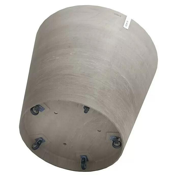 Ecopots Amsterdam Pflanzkübel rund Wheels - Außenmaß (Ø x H): 100,2 x 88,7 cm, Kunststoff, Braungrau, Ausstattung Pflanzgefäß: Rollen - Hellgrauer zylindrischer Pflanzkübel mit Textur, vier Rollen und ECOPOTS-Etikett.