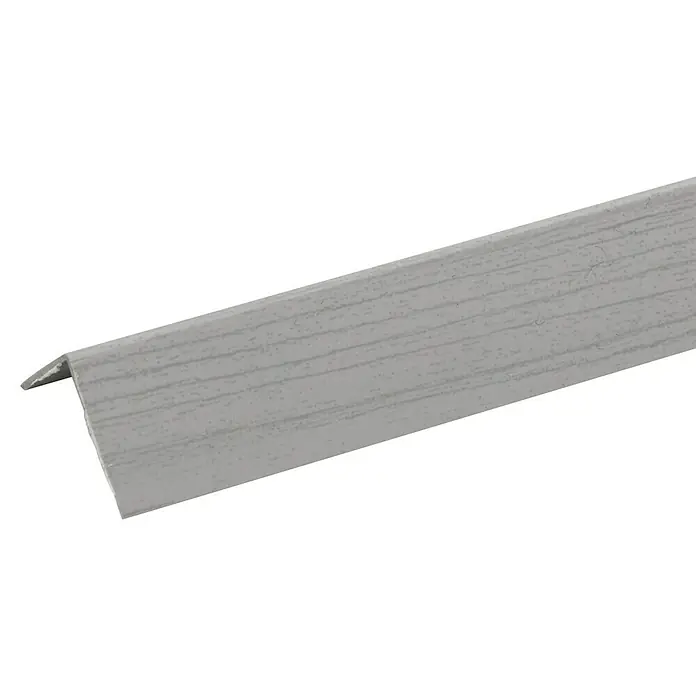 Döllken Winkelleiste - 250 cm x 20 mm x 20 mm, Esche Grau - Nahaufnahme eines grauen Eckschutzprofils mit Holzmaserung, das zum Schutz von Wandkanten verwendet wird und eine ästhetische Note verleiht.
