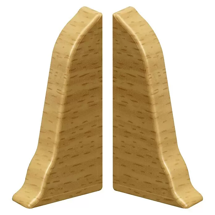 Döllken Endkappe Classic 50 - Buche Gelb, 2 Stk. - Ein Paar hellbrauner, holzähnlicher Buchstützen mit gebogenem, gewölbtem Design und strukturierter Oberfläche.