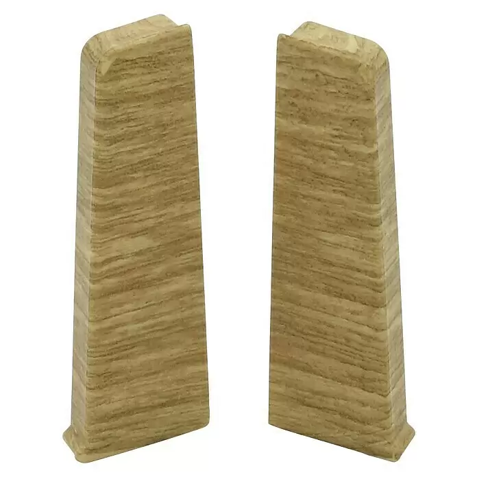 Döllken Endkappe Cubica 60 SLK - Eiche Natur, 2 Stk. - Zwei hellbraune Möbelbeine in Holzoptik, konisch zulaufend mit breiterer Basis und gekerbtem Oberteil.