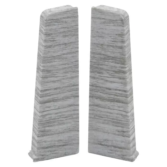 Döllken Endkappe Cubica 60 SLK - Seapine, 2 Stk. - Paar konischer Buchstützen aus weiß-grauem Marmor mit horizontaler Maserung.