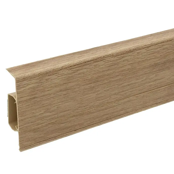 Döllken Sockelleiste SLK 60 - 250 cm x 21,5 mm x 60 mm, Royal Elm - Nahaufnahme einer Sockelleiste in Holzoptik, ideal für die stilvolle Gestaltung von Innenräumen und den sauberen Abschluss von Fußböden.