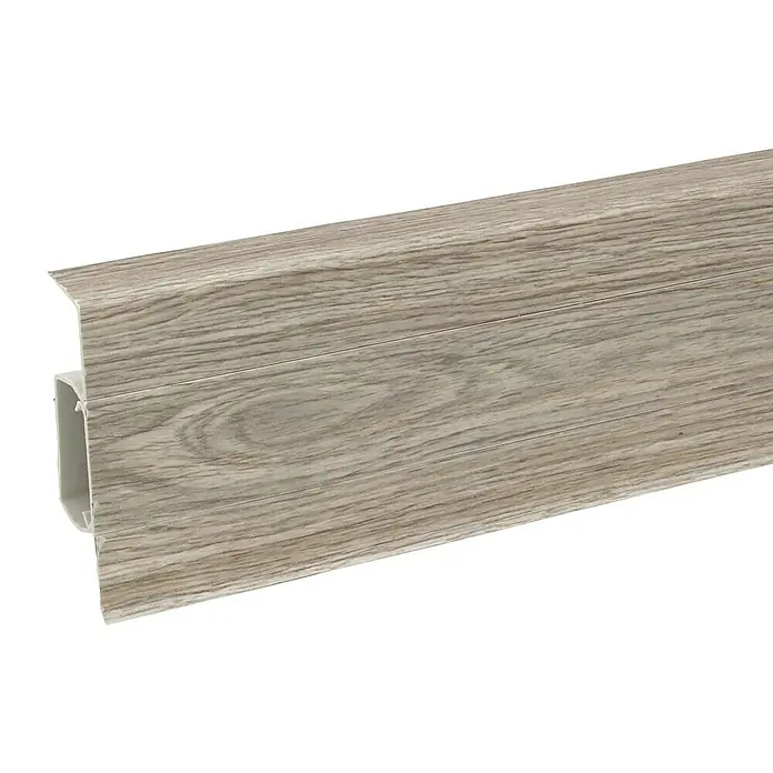 Döllken Sockelleiste SLK 60 - 250 cm x 21,5 mm x 60 mm, Kiefer - Nahaufnahme einer Sockelleiste mit Holzstruktur, ideal zum Verkleiden und für eine elegante Raumgestaltung.
