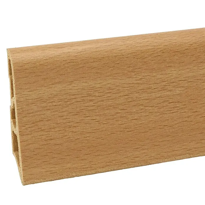 Döllken Sockelleiste - 250 cm x 15 mm x 60 mm, Hartschaum, Buche gedämpft - Ein Detailaufnahme einer Sockelleiste in Holzoptik, die die Textur und das Design des Produkts hervorhebt.
