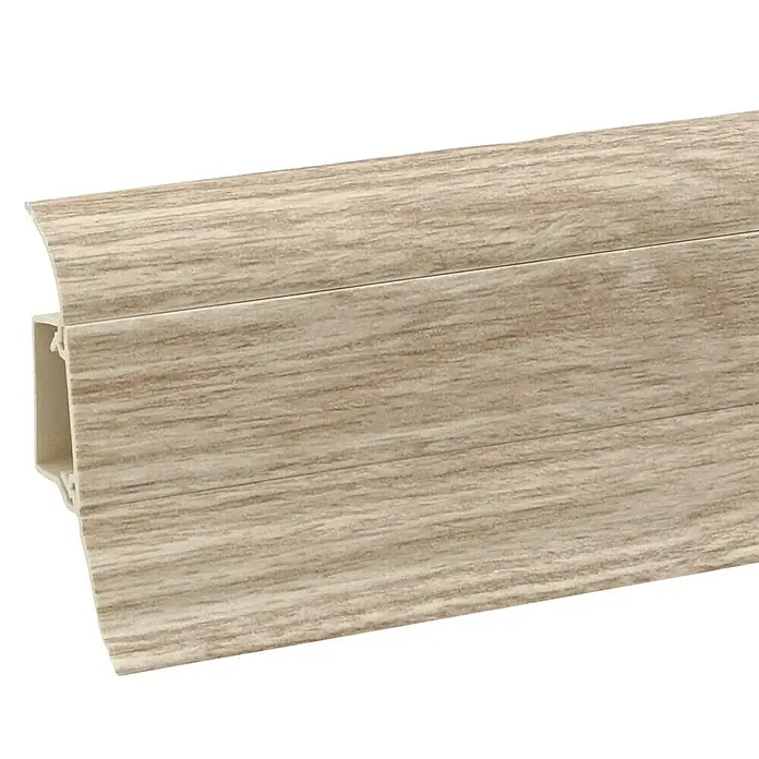 Döllken Sockelleiste Classic 50 - 250 cm x 25 mm x 50 mm, Eiche - Ein Detailbild einer Sockelleiste in Holzoptik. Die Leiste ist beige mit einer feinen Holzmaserung und hat eine abgerundete Oberkante.