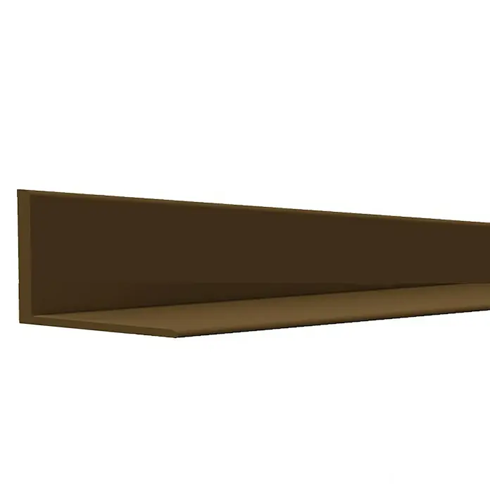 Döllken Sockelleiste SK - 5 m x 18 mm x 18 mm, Braun - Detailaufnahme eines braunen L-förmigen Metallprofils, das für Bau- oder Dekorationszwecke verwendet wird. Die klare Form und Farbe betonen die Funktionalität.