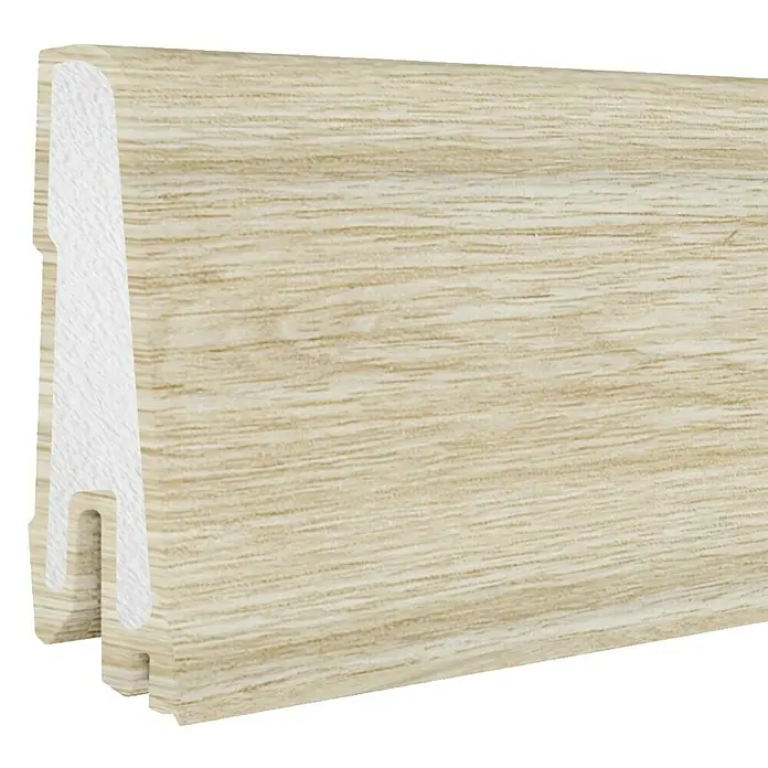 Döllken Sockelleiste USL 60 Clip - 250 cm x 17 mm x 60 mm, Kunststoff, Eiche Simmertal - Nahaufnahme einer Sockelleiste mit Holzstruktur, die Design und Funktionalität für Bodenabschlüsse vereint.