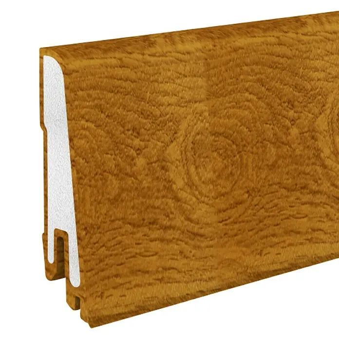Döllken Sockelleiste USL 60 Clip - 250 cm x 17 mm x 60 mm, Kunststoff, Bomanga - Nahaufnahme einer Sockelleiste in Holzoptik mit weißem, schmalem Profil. Ideal für stilvolle Inneneinrichtung.