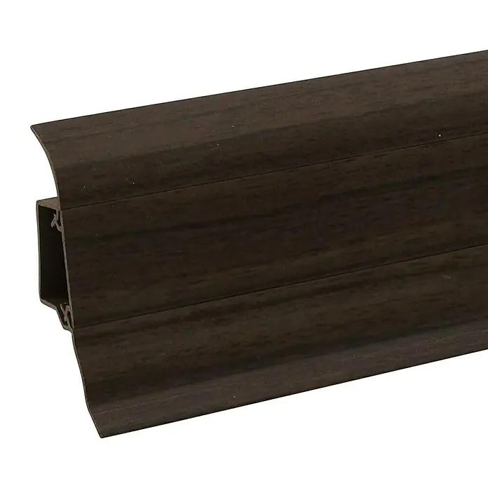 Döllken Sockelleiste Classic 50 - 250 cm x 25 mm x 50 mm, Akazie Dunkel - Nahaufnahme einer braunen Sockelleiste mit Holzstruktur und stabilen Profilen, ideal für moderne Innenräume.