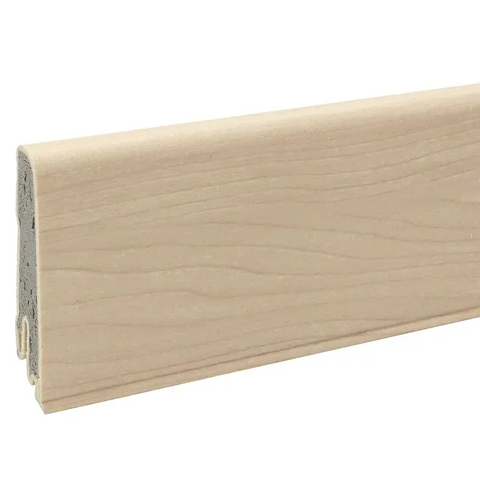 Döllken Sockelleiste USL 60 Clip - 250 cm x 17 mm x 60 mm, Kunststoff, Ahorn Canada - Nahaufnahme eines Sockelleistenprofils in hellem Holzdekor, ideal für die stilvolle Gestaltung von Innenräumen.