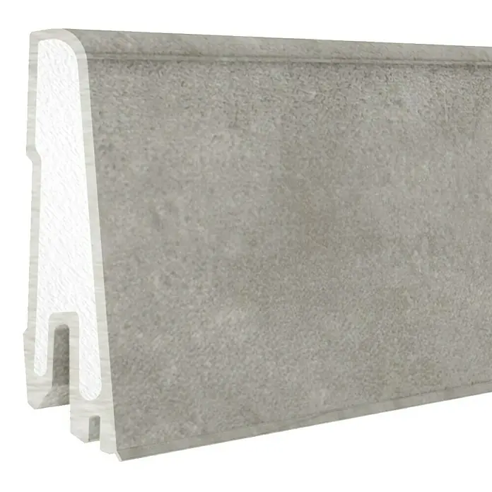 Döllken Sockelleiste USL 60 Clip - 250 cm x 17 mm x 60 mm, Kunststoff, Mykonos - Nahaufnahme einer grauen Bordüre mit einer einzigartigen Form, die eine architektonische und moderne Note verleiht.