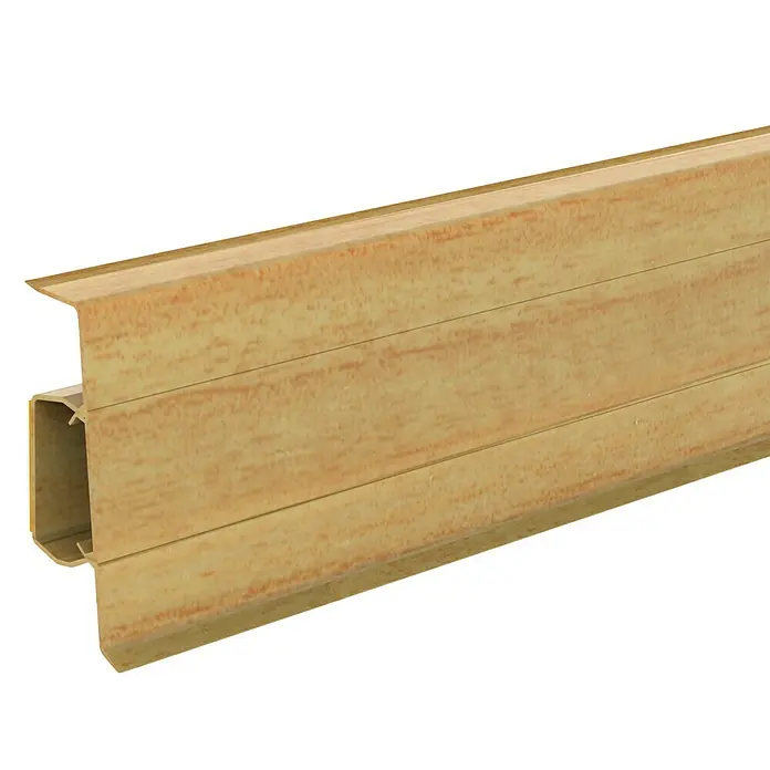Döllken Sockelleiste SLK 60 - 250 cm x 21,5 mm x 60 mm, Buche - Detailaufnahme eines sandfarbenen Kunststoffprofils mit Holzoptik, ideal für Bauprojekte und Innenausbau.