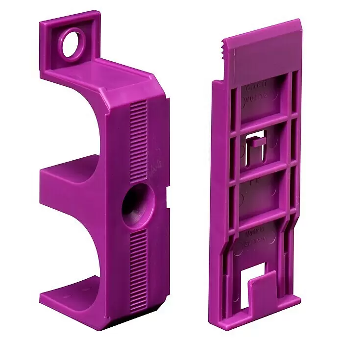 Döllken Leistenclip - 5 Stk. - Zwei violette Kunststoffteile einer modularen Halterung, eines U-förmig mit Loch, das andere eine flache Gitterplatte mit Aufschrift 'Made in Germany'.