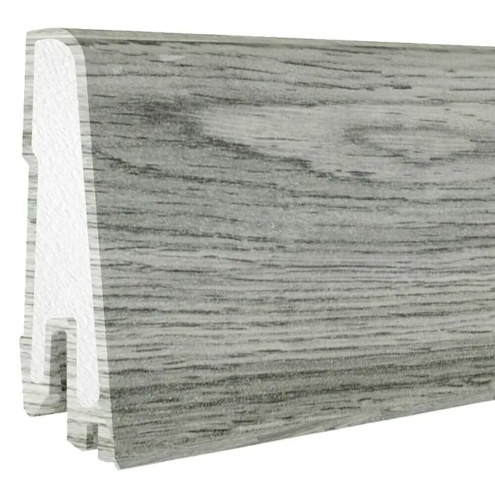 Döllken Sockelleiste USL 60 Clip - 250 cm x 17 mm x 60 mm, Kunststoff, Binz - Nahaufnahme einer grauen Sockelleiste mit Holzstruktur, die eine elegante und moderne Raumgestaltung ermöglicht.