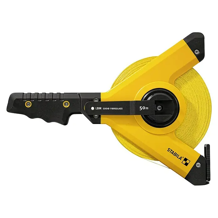 Stabila Rahmenmaßband 50 m - 50 m, Material: Glasfaser - Das Stabila LBM 1000 Fiberglas-Bandmaß mit 50 m Länge ist ein robustes Messwerkzeug für präzise Messungen im Bau und Handwerk.