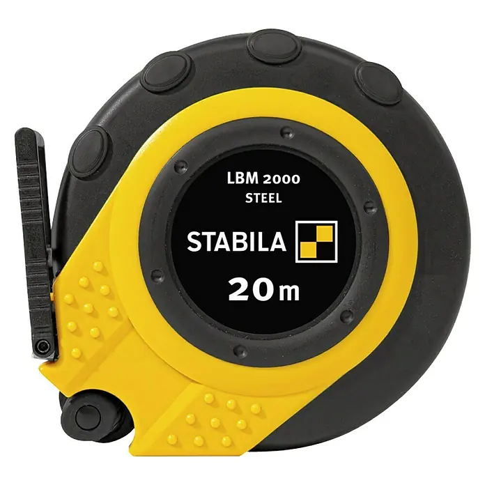 Stabila Kapselbandmaß LBM 2000 Steel 20 m - 20 m - Das Bild zeigt ein schwarzes und gelbes Stabila LBM 2000 Stahl Rollmaßband mit einer Länge von 20 Metern.