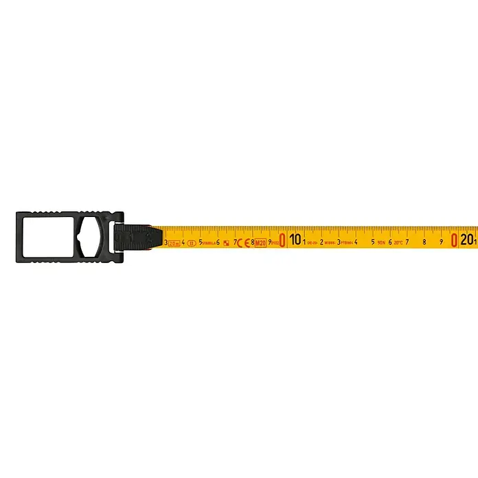 Stabila Kapselbandmaß LBM 2000 Steel 20 m20 m - Gelbes Rollbandmaß, das bis zu 20 cm ausgefahren ist und präzise Messungen ermöglicht, ideal für Handwerker und Heimwerker.