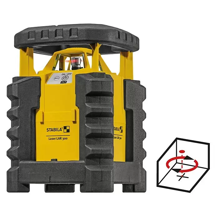 Stabila Rotationslaser LAR 300 - 7 -tlg. - Gelb-schwarzer Rotationslaser Stabila Laser LAR 300 mit robustem Gehäuse und Bedienfeld, zeigt 360-Grad-Laserfunktion.