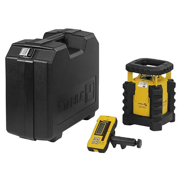 Stabila Rotationslaser LAR 300 - 7 -tlg. - Robuster schwarzer Koffer mit gelb-schwarzem Rotationslaser und passendem digitalen Laserempfänger.