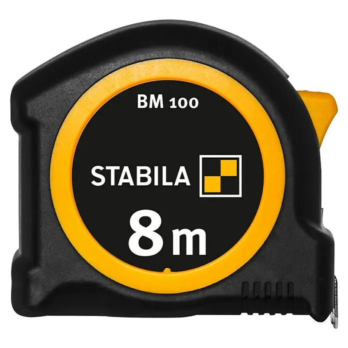 Stabila Taschenbandmaß BM 100 8 M - 8 m - Nahaufnahme eines Stabila BM 100 Rollbandmaßes mit einer Länge von 8 Metern, ideal für präzise Messungen.