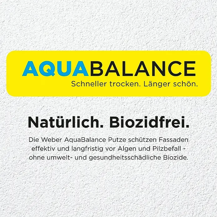 SG Weber Scheibenputz - Körnung: 2 mm, 25 kg - Produktwerbung für AquaBalance Putz. Die Fassadenfarbe schützt natürlich und biozidfrei vor Algen- und Pilzbefall.